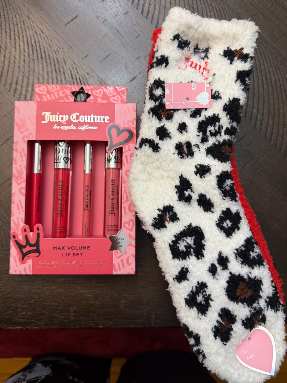 Juicy Couture Pink & Red Lip Gloss & Juicy couture White Leopard Fuzzy Socks